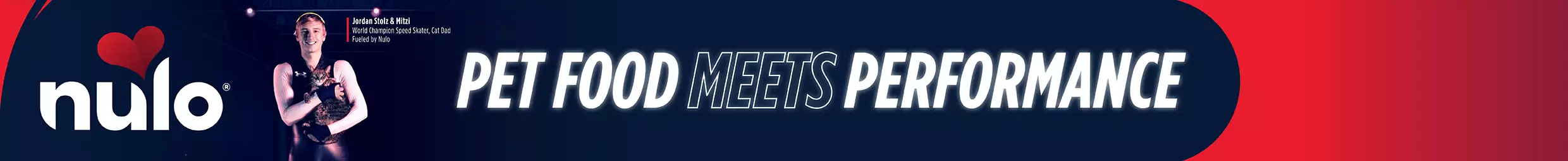 World champion speed skater holding cat with text that reads Nulo pet food meets performance